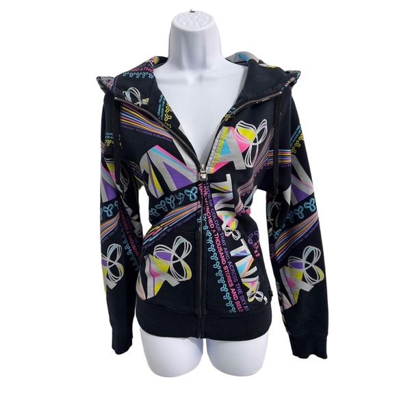 TNA Black & Multi Zipup Hooded Graphic Print Casual Street Hoodie L Music y2k - Picture 1 of 10